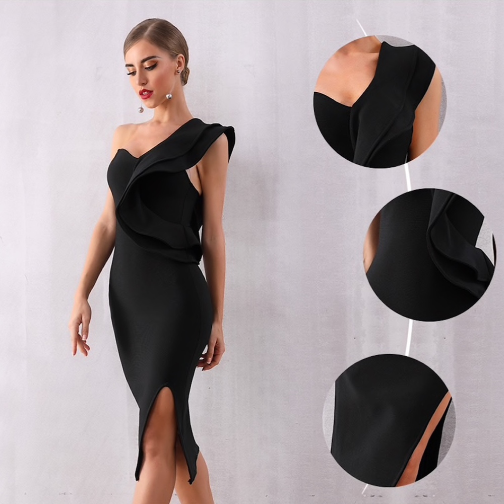Bandage Flounce High Slit Pencil Black Dress - Picture 7 of 17